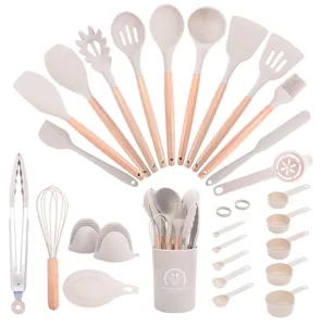28-piece silicone kitchen utensil set with wooden handles heat resistant cooking tools holder