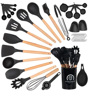 36 piece silicone kitchen utensil set with wooden handles for non stick cookware cooking tools details.
