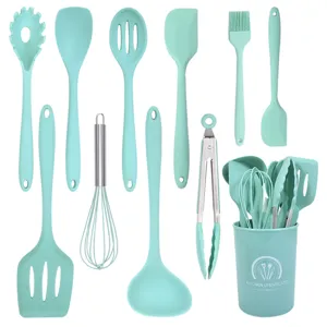 11-teiliges hitzebeständiges Silikon Küchenhelfer Set mit praktischem Behälter in Mint.