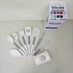 Silicone kitchen utensil set with stainless steel handles, heat resistant cooking tools