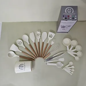 Silicone kitchen utensil set with wooden handles and storage holder for non-stick cookware.