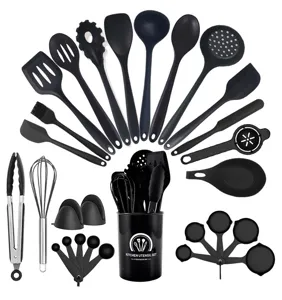 Detailed view of 28-piece silicone kitchen utensil set, heat-resistant cooking tools for pans.