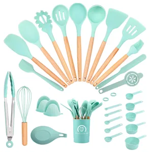 28pcs silicone kitchen utensil set with wooden handles, heat-resistant cookware spatulas spoons