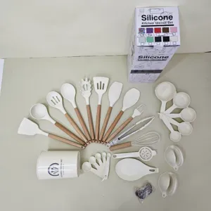 36-piece silicone kitchen utensil set with wooden handles, non-stick cooking tools bucket.