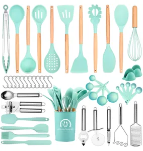47-piece silicone kitchen utensil set with wooden and stainless steel handles mint green