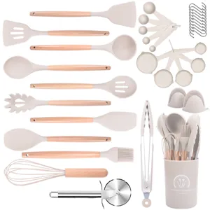 Modern Minimalistisch Hitzebeständig Silikon Küchenhelfer Set Mit Holzgriff Antihaft Kochlöffel Pfannenwender Set Für Alltägliche Familie Kochen