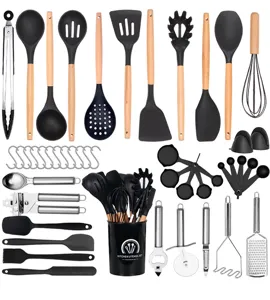 47-piece silicone kitchen utensil set with wooden handles for nonstick cookware and baking