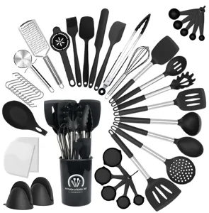 43-piece silicone kitchen utensil set with stainless steel handles, heat resistant.