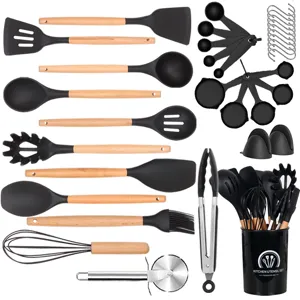 Silikon Küchenhelfer Set mit Holzgriffen, hitzebeständige Kochlöffel und Pfannenwender.