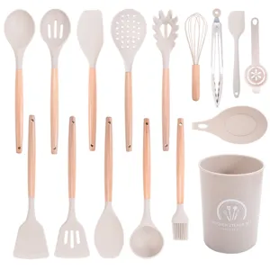 Modern Silicone Kitchen Utensil Set With Wooden Handle Non-Stick Heat Resistant Cooking Spoon Spatula Turner Tools Box Pack