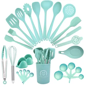 Detailed view showcasing various silicone kitchen utensil set components and storage holder.
