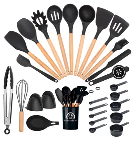28pcs silicone kitchen utensil set detailed view, showing spatulas, spoons, whisk, and holder.