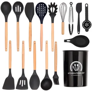 16pcs silicone kitchen utensil set with wooden handles heat resistant cooking tools holder