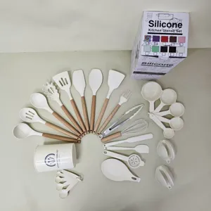 28-piece silicone kitchen utensil set with wooden handles, heat resistant cooking tools