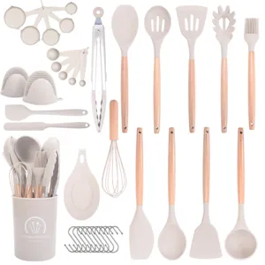 Juego de Utensilios de Cocina de Silicona Resistente al Calor Con Mango de Madera de Haya Cuchara de Cocina Antiadherente Espátula Juego de Herramientas de Cocina Con Soporte
