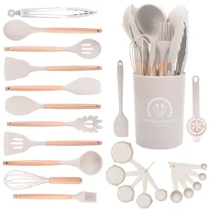 Heat Resistant Silicone Kitchen Utensil Set With Beechwood Handle Non-Stick Cooking Spoon Spatula Set Kitchen Utensils With Storage Bucket