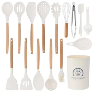 16-piece silicone kitchen utensil set with wooden handles and storage holder for cooking.
