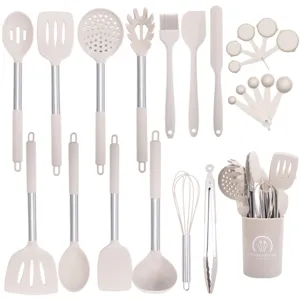 Heat Resistant Silicone Kitchen Utensil Stainless Steel Handle Non Stick Cooking Spoon Spatula Tongs Whisk Measuring Cup Storage Bucket Kitchen Tools