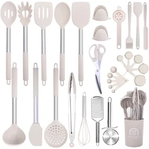 Modern Minimalistisch Hittebestendig Siliconen Keukengerei Set Met Roestvrijstalen Handvat Antiaanbak Koken Lepel Spatel Gereedschap Set Voor Keuken
