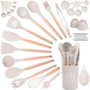 Heat Resistant Silicone Kitchen Utensil Set With Beechwood Handles Non Stick Cooking Spatula Spoon Set For Kitchen Home Cooking