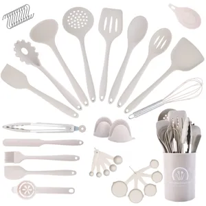 Heat Resistant Silicone Kitchen Utensil Set Non Stick Cooking Spoons Spatula Tongs Whisk Measuring Cups With Storage Bucket
