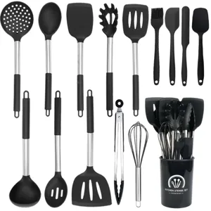 15-piece silicone kitchen utensil set with stainless steel handles and holder bucket.