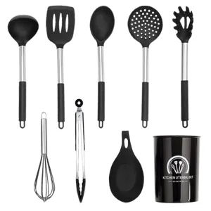 9-piece silicone kitchen utensil set with holder heat resistant cooking tools in black