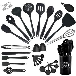 Black silicone kitchen utensil set heat resistant cooking tools with holder for nonstick cookware