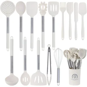 15-Piece Silicone Kitchen Utensil Set with Stainless Steel Handles and Storage Holder