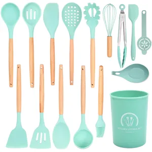 16pcs silicone kitchen utensil set with wooden handles non-stick cooking tools mint green