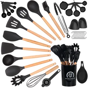 36-piece heat resistant silicone kitchen utensil set with wooden handles for non stick cookware