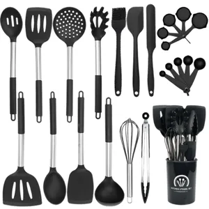 24-piece silicone kitchen utensil set, heat resistant nonstick cooking tools, black.