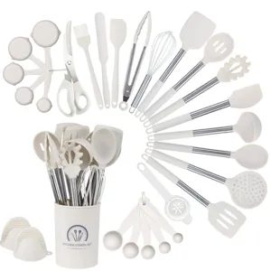 28-teiliges Silikon Küchenhelfer Set mit praktischen Edelstahlgriffen und Halter zum Kochen.