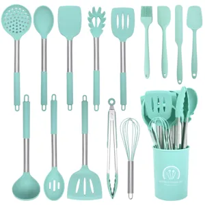 15-piece mint green silicone kitchen utensil set with stainless steel handles and convenient holder.