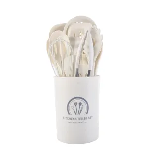 Heat resistant silicone kitchen utensil set with storage holder for non stick cookware white