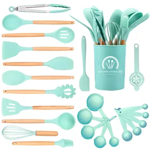 24-piece silicone kitchen utensil set with wooden handles, non-stick cookware cooking tools