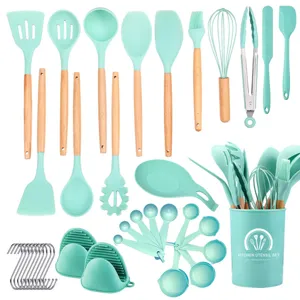 Juego de 37 utensilios de cocina de silicona verde menta con mangos de madera antiadherente