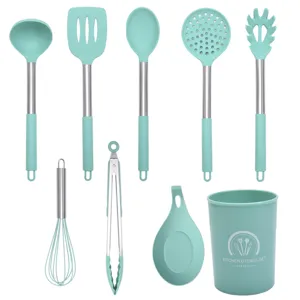 9-piece silicone kitchen utensil set with stainless steel handles and holder, mint green.