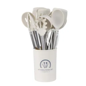 15-piece silicone kitchen utensil set with stainless steel handles and holder for cooking.