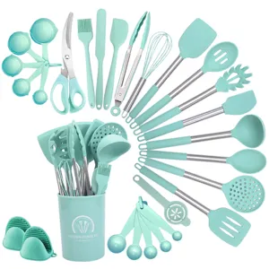 28-teiliges mintgrünes Silikon Küchenhelfer Set mit Edelstahlgriffen und Behälter Kochen.