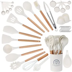 36-piece silicone kitchen utensil set with wooden handles, non-stick cooking tools, white holder.