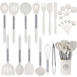 24-piece silicone kitchen utensil set with stainless steel handles, heat resistant cookware tools.