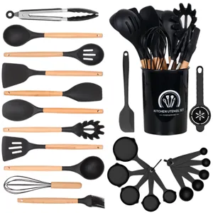 24-piece silicone kitchen utensil set with wooden handles, heat-resistant cooking tools and holder.