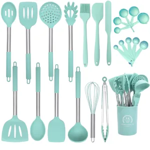 24-piece silicone kitchen utensil set with stainless steel handles and storage holder