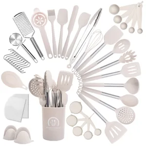 Modern Silicone Kitchen Utensil Set Heat Resistant Non-Stick Cooking Spatula Spoon With Stainless Steel Handle Baking Tools Holder