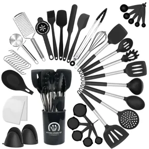 43-piece silicone kitchen utensil set heat resistant cooking tools with stainless steel handles