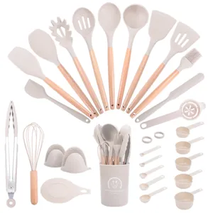 Heat Resistant Silicone Kitchen Utensil Tools Wooden Handle Non-Stick Cooking Spoon Spatula Turner Tongs Whisk Measuring Spoons For Home Kitchen