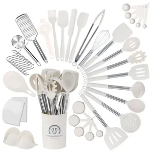 43-piece silicone kitchen utensil set with stainless steel handles, heat-resistant cooking tools