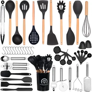 47pcs silicone kitchen utensils set with wooden handles non-stick cookware cooking tools