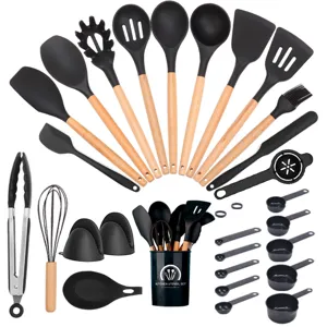 28-piece silicone kitchen utensil set with wooden handles heat resistant cooking tools